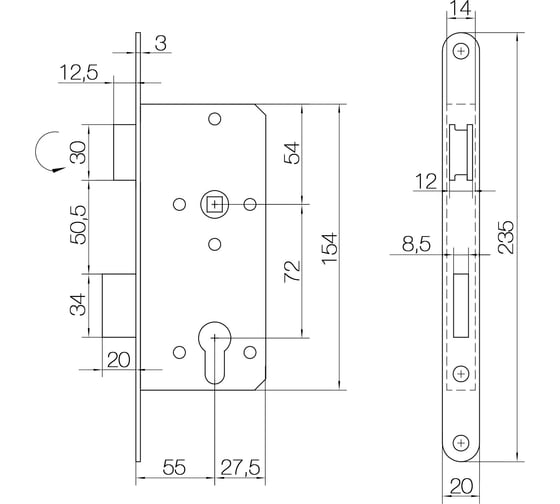 Корпус замка DOORLOCK DL402/55 PZ72 M полированная латунь, реверсивный, II класс 75313