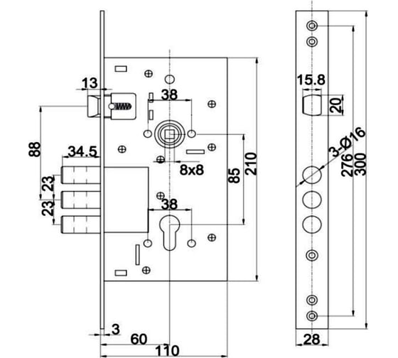Корпус цилиндрового замка DOORLOCK DL9252С/60/85мм, хромиров. фронт. планка 28х300мм, реверсивный, диам. ригеля 16мм 75336