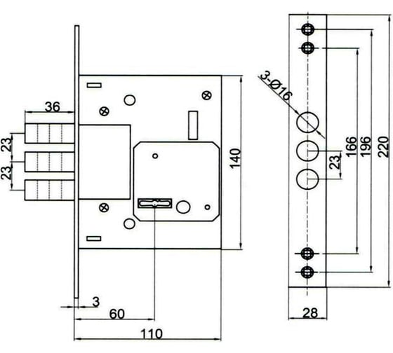Корпус сувальдного замка DOORLOCK DL9257K/Z/60мм, 5 ключей, хромированная фронтальная планка 28х220мм, диаметр ригелей 16мм 75334