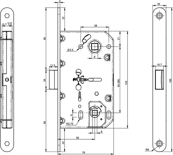 Корпус замка DOORLOCK DL432/50 WC96 MCR матовый хром, реверсивный, пластиковая защелка 75323