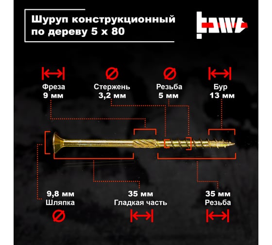 Шуруп саморез конструкционный BOWT желтый цинк, 5x80 мм, 200 шт. S02177