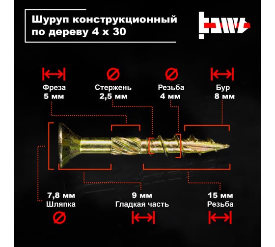 Шуруп саморез конструкционный BOWT желтый цинк, 4x30 мм, 200 шт. S02153