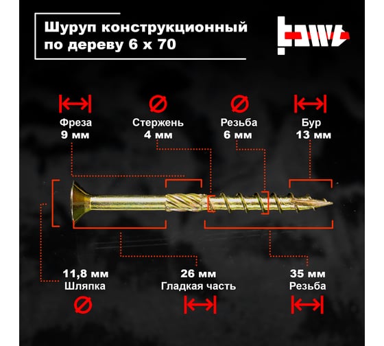 Шуруп саморез конструкционный BOWT желтый цинк, 6x70 мм, 10 шт. S02186