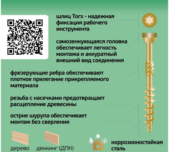 Усиленный саморез ЕВРОПАРТНЕР с антикоррозионным покрытием для террасной доски 5.0x40/18 TX-25, 15 шт 15 0547 1