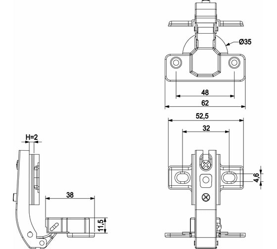 Петля AKS 90 град., 48 мм, с креплением H-2, без еврошурупа, AK 65657