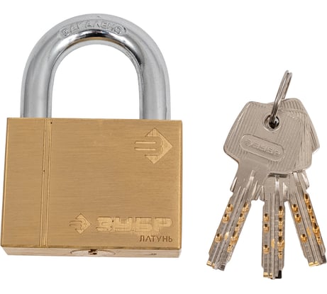Навесной замок ЗУБР ЭКСПЕРТ латунный корпус классическая форма закаленная дужка 60мм 37299-60