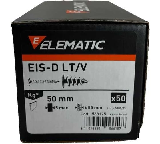 Дюбель винтовой Elematic пластиковый с шурупом EIS-D 50 LT/V 568175