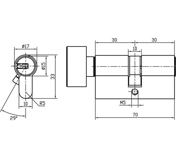 Цилиндр DOORLOCK DL Standard Z30xK30 мм PN матовый никель с поворотной кнопкой, 3 ключа 72036