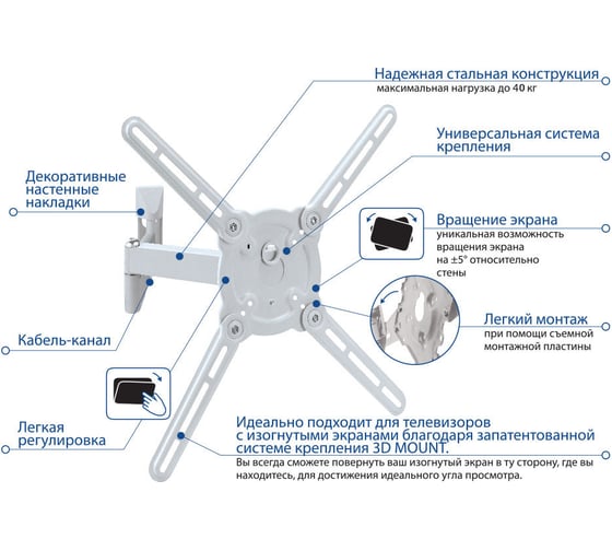 Настенный стальной кронштейн KROMAX для TV 22-65 max 40кг ATLANTIS-15 White