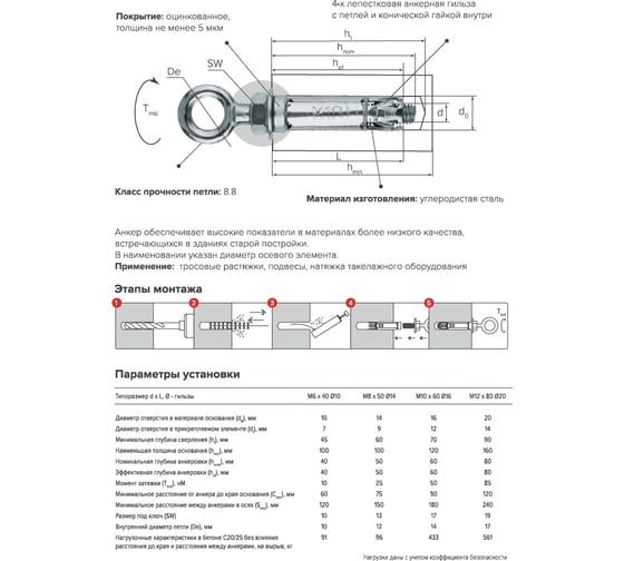 Партнер Анкер-гильза со шпилькой AC-ES M6x40/8 мм, D10, ZN, 10 шт. пакет ФАС 81638 10 31