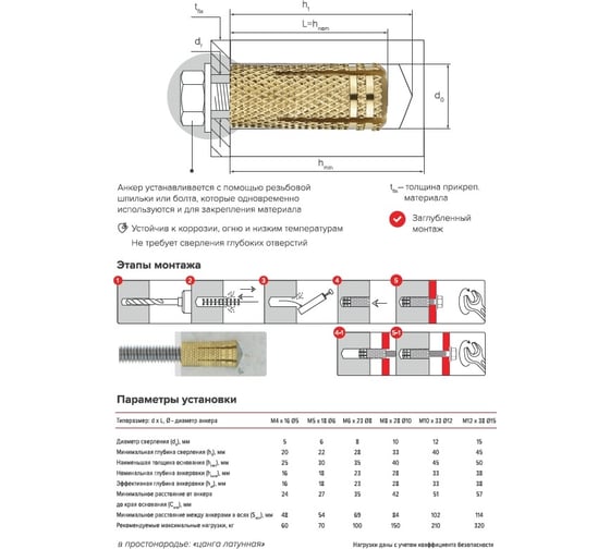 Анкер латунный Партнер TALA M10x33 мм, D12, 2 шт. пакет 832233