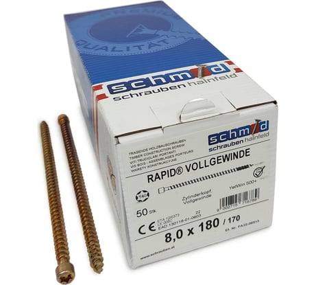 Шурупы Simpson Schmid Rapid FT CL 8.0x180/170, TX40, желтый цинк, полная резьба, цилиндр, 50 шт. 1131740801800001