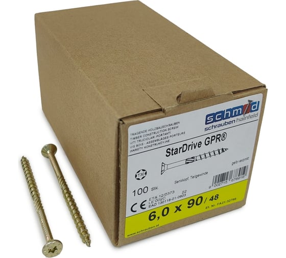 Шурупы Simpson Schmid StarDrive GPR 6.0x90/48 SK, TX30, желтый цинк, потайной, 100 шт. 5834740600900001 1