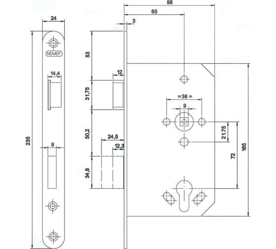 Корпус огнестойкого замка NEMEF 1769/46/65mm PZ Left ZN front 24x235, DIN, T-120, антипаник, прим. с разрез. штоком 69159