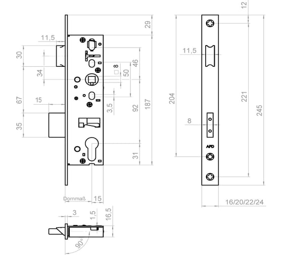 Корпус замка NEMEF 98009600N/22/35mm нержавеющая сталь front 22x245, DIN, реверсивный 69234