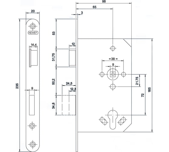 Корпус огнестойкого замка NEMEF 1769/57/65mm PZ нержавеющая сталь front 20x235, DIN Right, антипаник 69254