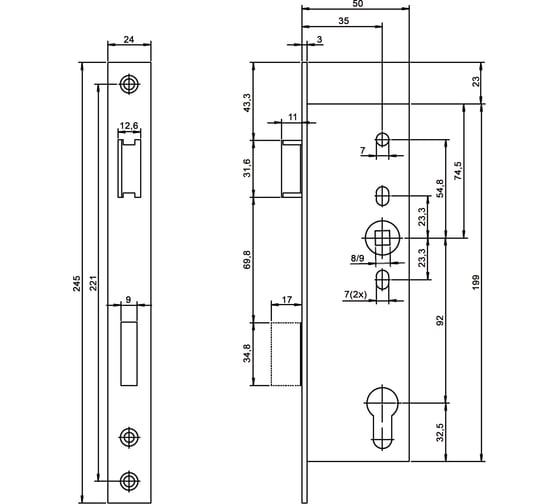 Корпус огнестойкого замка NEMEF 9603/08/35mm PZ92 нержавеющая сталь front 24x245, DIN, реверсивный 69293