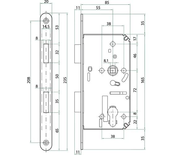 Корпус замка BONAITI B-Klass Mod.39 PZ72мм BS55мм с магнитной защелкой, серебристая окраска, под цилиндр, REI30, фронтальная планка 20х235мм 52520