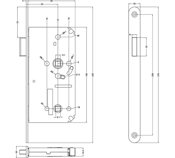 Корпус замка BONAITI B-Klass Mod.17 WC78мм BS55мм с магнитной защелкой, серебристая окраска, фронтальная планка 20х235мм 52523