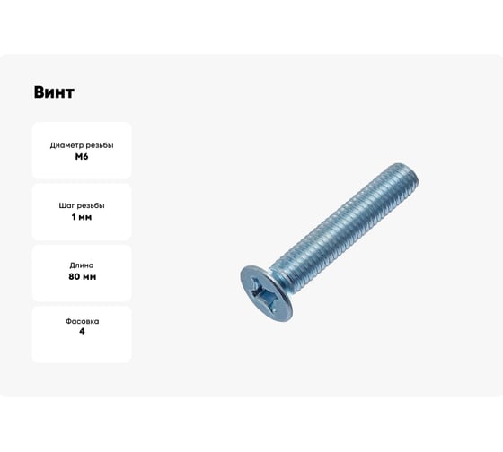 Винт Стройметиз M6x80, DIN 965, потайная головка, цинк, 4 шт. европодвес 00000007715 30969014