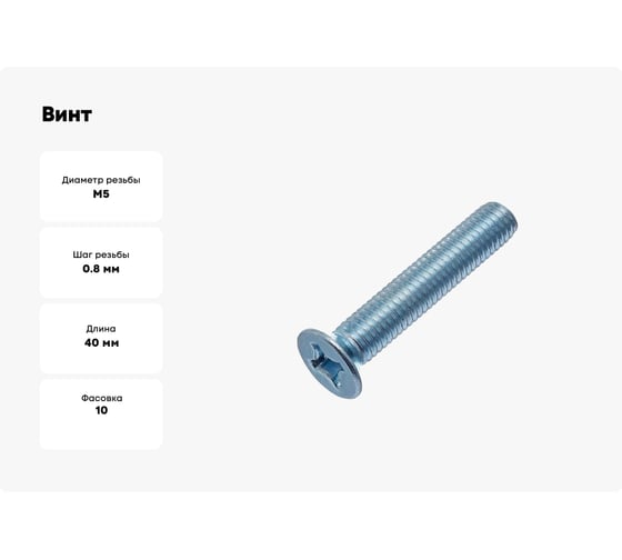 Винт Стройметиз M5x40, DIN 965, потайная головка, цинк, 10 шт. европодвес 00000015080 309540110
