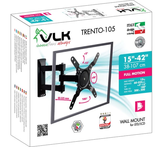 Настенный кронштейн VLK для LED/LCD телевизоров 15-42 max 15 кг TRENTO-105 Black