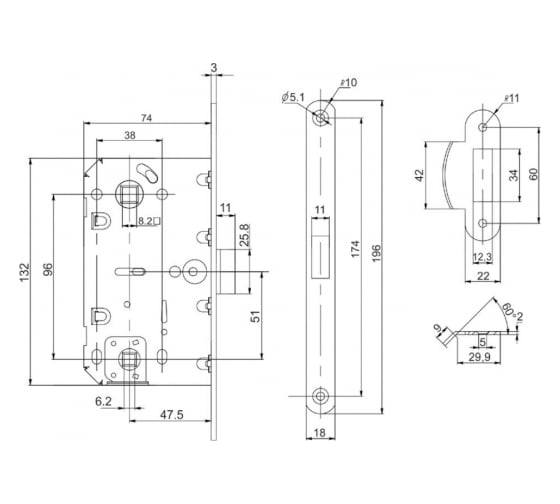 Защелка врезная PUNTO PL96WC-50/BL GR (графит) 49241