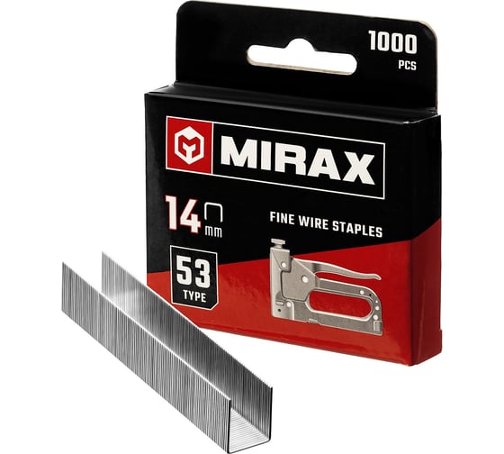 Скобы для степлера MIRAX тонкие 14 мм тип 53 (A /10 /JT21), закаленные, 1000 шт, 3153-14