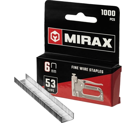 Скобы для степлера MIRAX тонкие 6 мм тип 53 (A /10 /JT21), закаленные, 1000 шт, 3153-06