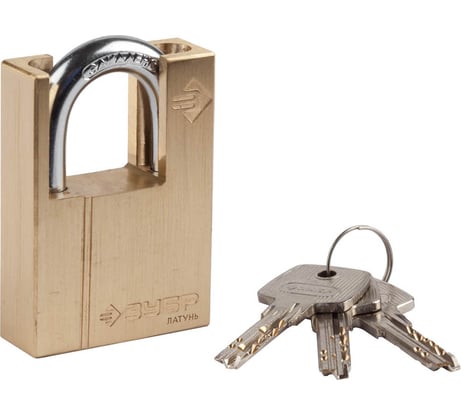 Навесной замок ЗУБР "ЭКСПЕРТ", латунный корпус, закаленная дужка, с дополнительной защитой, 50 мм 37297-50