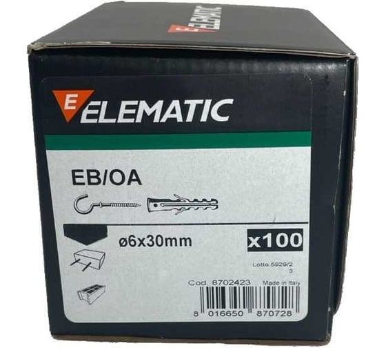 Дюбель с Г-образным крюком саморезом Elematic 100 шт. PA 6 EB/P2 6x30 OA 8702423