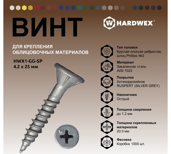 Саморез для облицовочных панелей HARDWEX ТМ HWX1-GG-SP-4.2x25 мм, Phillips №2, RUSPERT, 1000 шт. 5190024092893