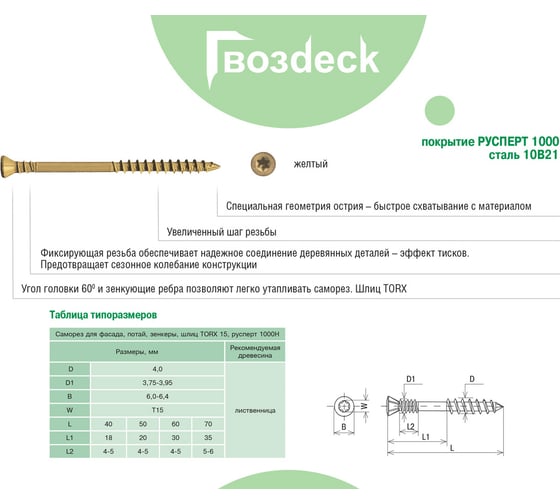 Саморез Гвозdeck Gwozdeck Отделочный E-coating бежевый потайной 4.0х40 T15 Упаковка 200 шт 20984040ECTXWG4