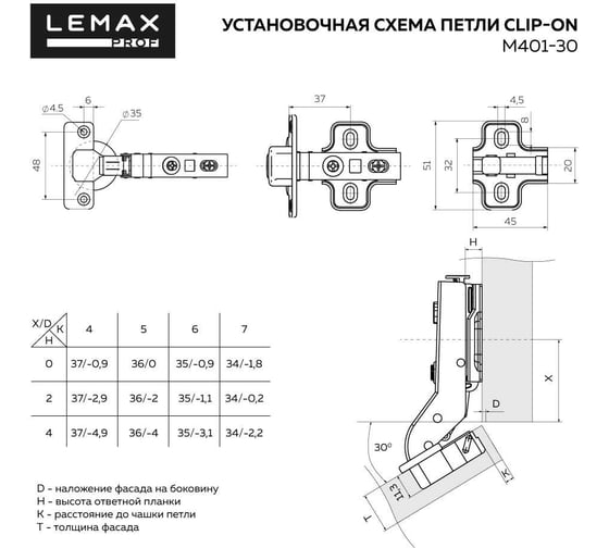 Петля Lemax PROF clip-on с доводчиком 105 градусов для угла 30 градусов никель 2 шт. 2pcs-M401-30(L)