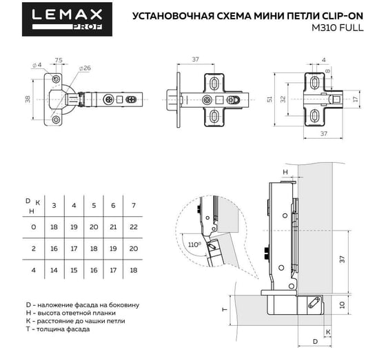 Накладная минипетля Lemax prof clip-on с доводчиком, 26 мм 2 шт. 2pcs-M310-Full