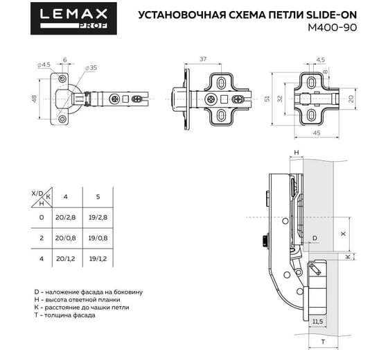 Четырехшарнирная петля Lemax prof slide-on, 90 градусов 2 шт. 2pcs-M400-90