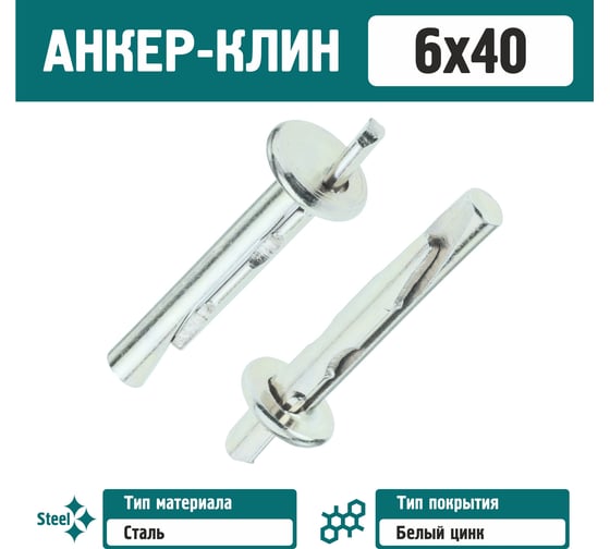 Анкер-клин Rizzel 6x40 белый цинк, 200 шт. 00000438780