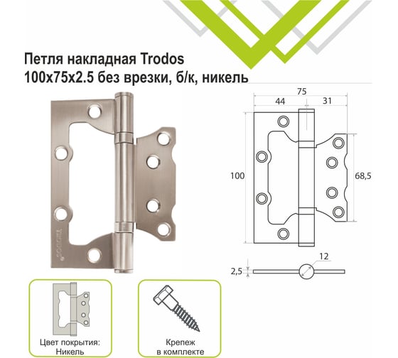 Навес Trodos 100x75x2,5 мм без врезки, б/к, никель, 2 шт 201043