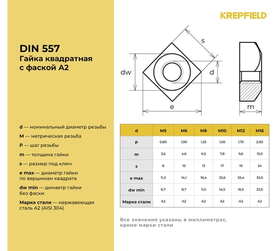 Гайка нержавеющая KREPFIELD М5 DIN 557 А2 квадратная 50 шт 557А2ГАЙКАМ5-50