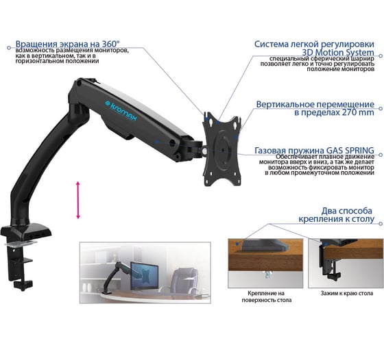 Кронштейн для мониторов KROMAX диагональ 15-32 max 2-8 кг 6 ст.св. OFFICE-8 black