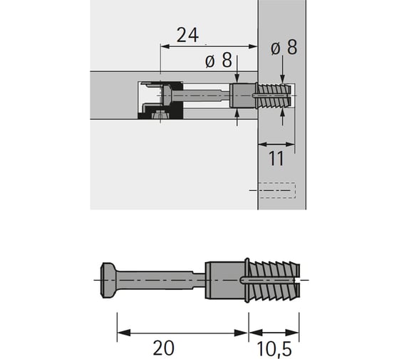 Дюбель быстрого монтажа Hettich DU 324 Rapid S зажим 20мм, D.8 мм 9046180