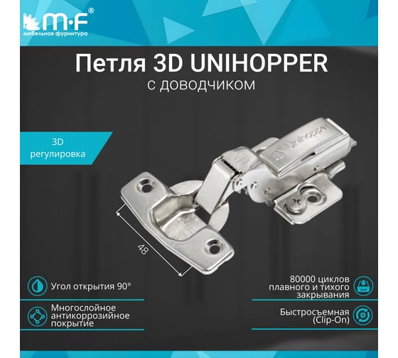 3D петля MF UNIHOPPER с доводчиком, внутренняя, 48 мм, с декор. накладкой 20221v