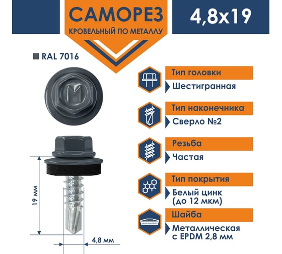 Кровельный саморез Daxmer 4,8x19 RAL 7016 сверло №2, 250 шт 00000335104