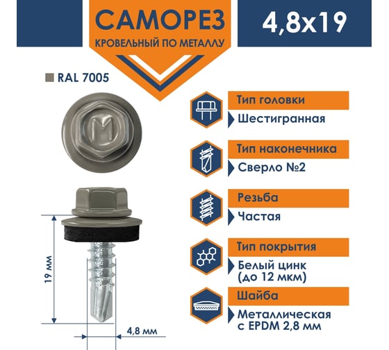 Кровельный саморез Daxmer 4,8x19 RAL 7005 сверло №2, 250 шт 00000329047