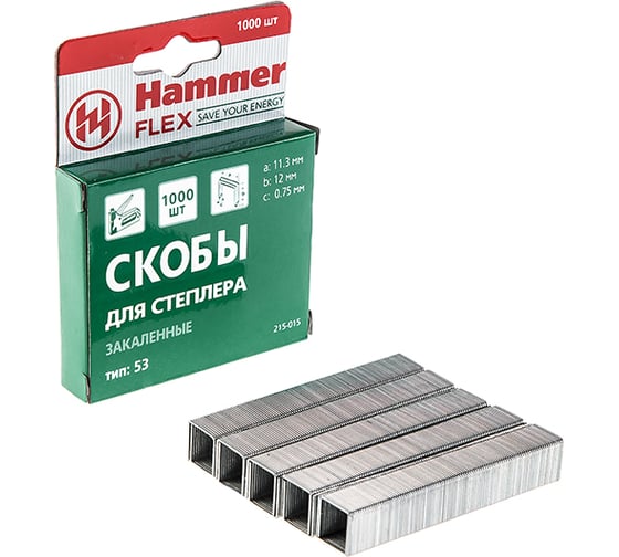 Скобы закаленные Flex 215-015 (1000 шт; 12х11.3х0.75 мм; тип 53) для степлера HAMMER 161870