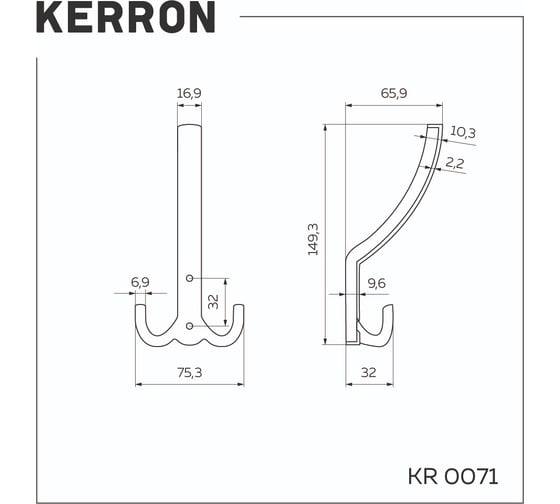 Мебельный крючок KERRON Д150 Ш75 В40, хром KR 0071