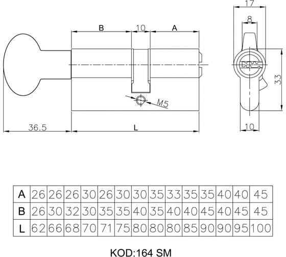 Цилиндровый механизм KALE KILIT 164SMC 40+10+40M:90mm, NP, 5K, STB, к-в 164SMC00096