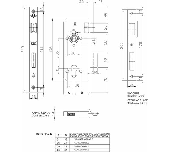 Врезной замок KALE KILIT цилиндровый для деревянных дверей152R, 85BS45, BP, w/o SP, w/o Ros, STB 152R4500555