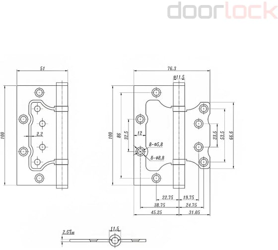 Петля карточная без врезки Doorlock H100/76/2BB CP полированный хром, 100x76x2,5мм, 2 шт 77021