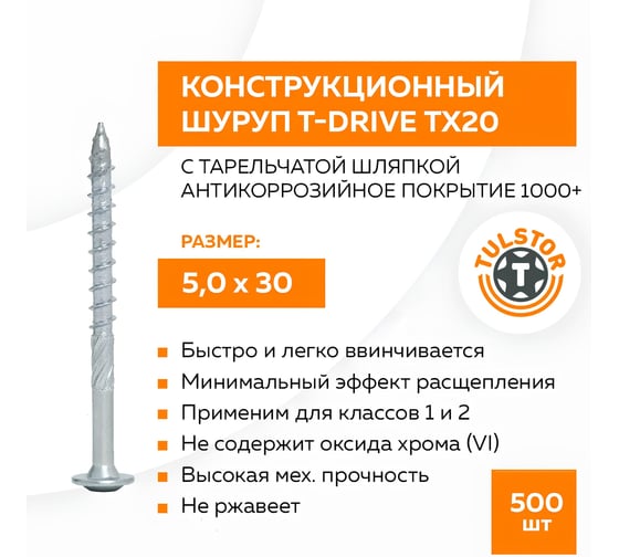 Конструкционный шуруп TULSTOR T-Drive с тарельчатой шляпкой 5,0x30 антикоррозийное покрытие 1000+ ТХ20 упак 500 115031